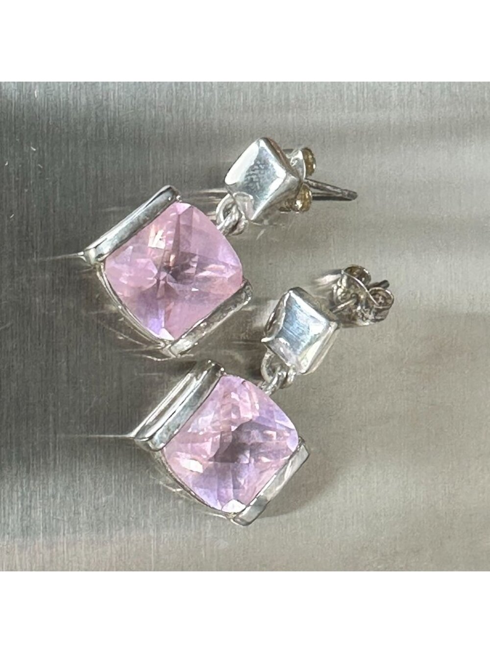Sterling Silver Earrings With Square Pink Glass Bevelled Stones